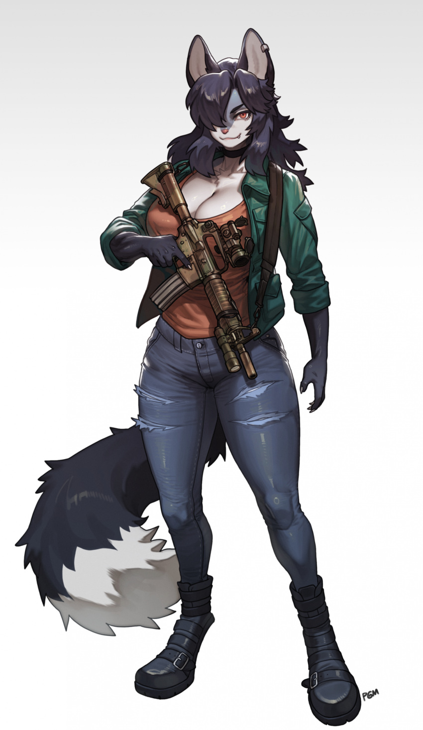 2026 absurd_res anthro biped bottomwear breasts canid canine claws clothed clothed_anthro clothed_female clothing digital_drawing_(artwork) digital_media_(artwork) female fingers footwear front_view fully_clothed fully_clothed_anthro fully_clothed_female fur gun hair hi_res holding_gun holding_object holding_ranged_weapon holding_weapon looking_at_viewer mammal pants pgm300 piercing ranged_weapon shoes simple_background skye_saunders_(spyglass8) smile solo standing tail teeth topwear weapon