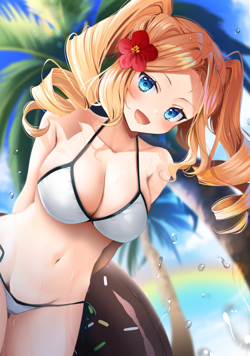 1girl absurdres arms_behind_back beach bikini blonde_hair blue_eyes blue_sky blush breasts cleavage cloud collarbone commentary cowboy_shot day doughnut_innertube drill_hair flower hair_flower hair_ornament halterneck highres honolulu_(kancolle) inflatable_toy innertube kantai_collection large_breasts long_hair navel ocean open_mouth outdoors palm_tree sand side-tie_bikini sky smile solo stomach string_bikini swimsuit tree twin_drills water water_drop white_bikini yunamaro