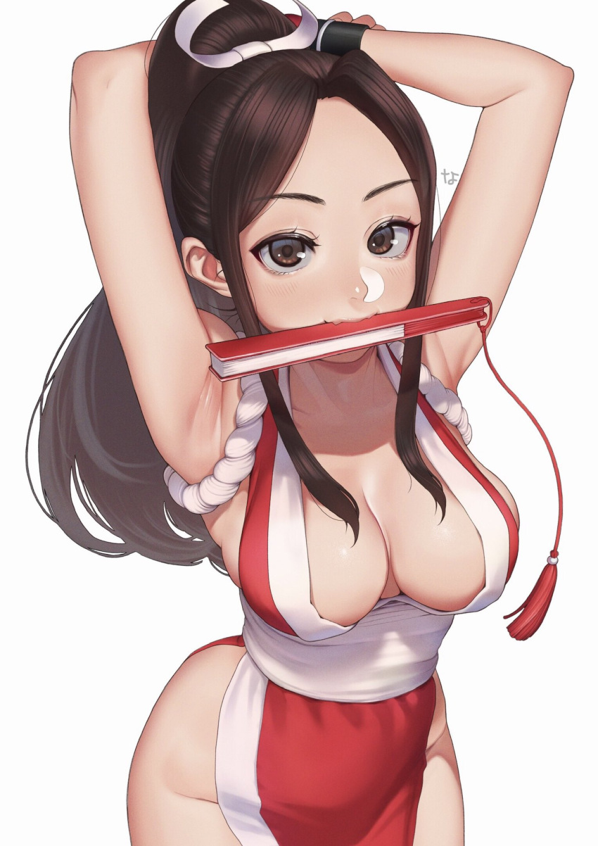 1girl armpits arms_behind_head arms_up breasts brown_eyes brown_hair closed_fan fatal_fury folding_fan hand_fan highres holding holding_fan large_breasts looking_at_viewer nanja ninja pelvic_curtain ponytail revealing_clothes shiranui_mai sideboob solo the_king_of_fighters white_background