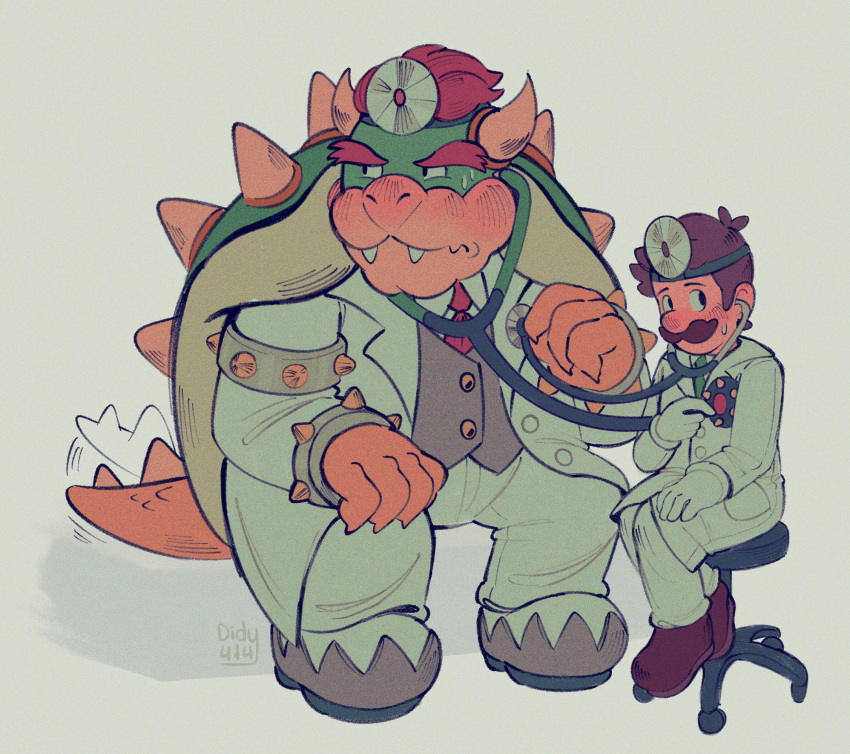 2025 2_horns 4_fingers 5_fingers anthro armband arms_bent artist_name averting_eyes bent_legs black_eyebrows black_eyes blue_sclera blush blush_lines blushing_profusely bodily_fluids bottomwear bowser bracelet brown_clothing brown_facial_hair brown_footwear brown_hair brown_mustache brown_shoes claws closed_frown clothed clothed_anthro clothed_human clothed_male clothing colored curved_horn didy414 digital_drawing_(artwork) digital_media_(artwork) doctor dr._bowser dr._luigi dr._luigi_(game) dr._mario dr._mario_world duo english_description eyebrows facial_hair fangs finger_claws fingers footwear frown fully_clothed fully_clothed_anthro fully_clothed_human fully_clothed_male furniture gloves green_head green_necktie green_shell grey_armband grey_bracelet grey_clothing grey_footwear grey_shoes grey_topwear grey_vest hair hand_on_knee hand_on_leg hand_on_own_knee hand_on_own_leg handwear head_mirror hi_res holding_stethoscope horn human jewelry king koopa larger_anthro larger_male light lighting luigi male male_human mammal mario_bros medical_instrument mouth_closed mustache necktie nervous nervous_sweat nintendo pants pockets red_eyebrows red_hair red_necktie royalty scalie scientific_instrument shaded shell shoes short_hair sitting_on_stool size_difference smaller_human smaller_male spiked_armband spiked_bracelet spiked_shell spiked_tail spikes spikes_(anatomy) stethoscope stool sweat tail tail_motion tailwag tan_horn tan_spikes teeth text thick_eyebrows topwear vest white_bottomwear white_clothing white_dress_shirt white_gloves white_handwear white_lab_coat white_pants yellow_claws yellow_tail