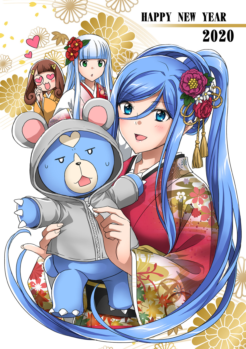 3girls :&lt; aoki_hagane_no_arpeggio blue_eyes blue_hair brown_hair flower green_eyes hair_flower hair_ornament heart heart_eyes highres hood hyuuga_(aoki_hagane_no_arpeggio) iona itsuki_sayaka japanese_clothes kimono kirishima_(aoki_hagane_no_arpeggio) long_hair multiple_girls takao_(aoki_hagane_no_arpeggio) yotarou_(aoki_hagane_no_arpeggio) yukata