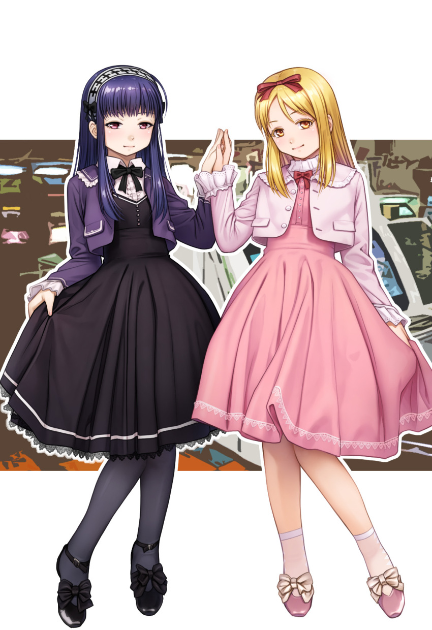 2girls black_dress blonde_hair dress gothic_lolita hair_ribbon hairband hands_together hidaka_koharu high_score_girl highres jacket lolita_fashion multiple_girls nikuoji oono_akira outline pantyhose pink_dress pink_eyes pink_jacket purple_hair purple_jacket ribbon skirt_hold yellow_eyes