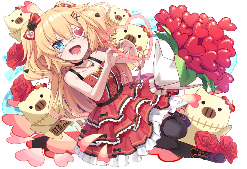 1girl :d akai_haato bare_arms bare_shoulders black_choker black_legwear blonde_hair blue_eyes bouquet bow choker dress eyepatch flower frilled_dress frills hair_bow hair_ornament hairclip heart heart_eyepatch heart_hands heart_necklace hololive layered_dress long_hair looking_at_viewer medical_eyepatch open_mouth red_dress red_flower red_rose rose short_dress sleeveless sleeveless_dress smile solo thighhighs tokumaro two_side_up virtual_youtuber white_eyepatch