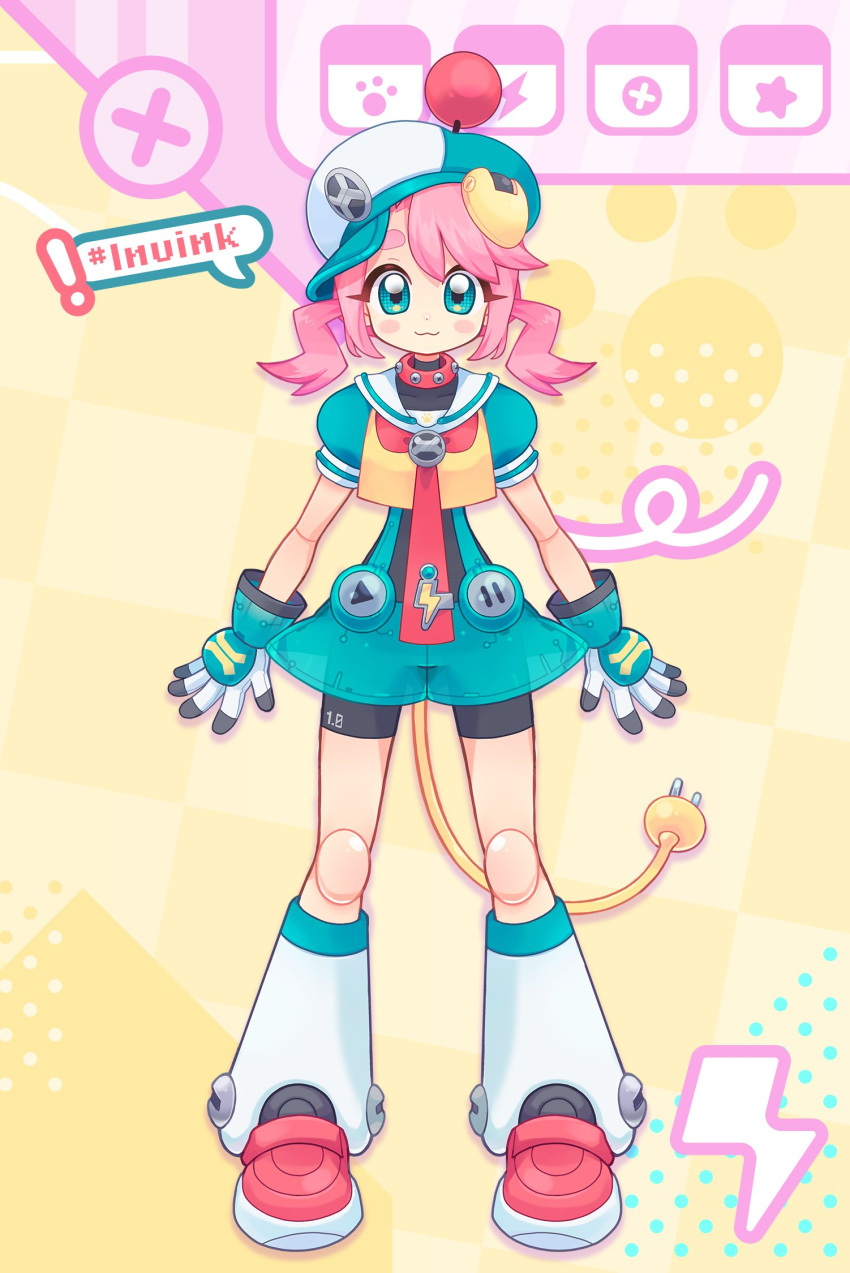 ! 1girl :3 android animal_collar animal_ears aqua_eyes aqua_hat artist_self-insert asui_inui_(vtuber) asuinui baseball_cap bike_shorts black_shorts blush_stickers bolt_(hardware) checkered_background closed_mouth collar commentary dog_ears dog_girl dress electric_plug electric_plug_tail english_commentary full_body gloves hashtag hat highres indie_virtual_youtuber joints leg_warmers legs_apart lightning_bolt_symbol looking_at_viewer medium_hair neckerchief patterned_background pause_button paw_print paw_print_background pink_hair play_button puffy_short_sleeves puffy_sleeves red_collar red_shoes robot robot_girl robot_joints sailor_collar see-through_clothes shoes short_dress short_sleeves short_twintails shorts smile solo speech_bubble standing straight-on studded_collar swept_bangs tail thick_eyebrows tilted_headwear twintails virtual_youtuber white_gloves white_leg_warmers window_(computing) yellow_background