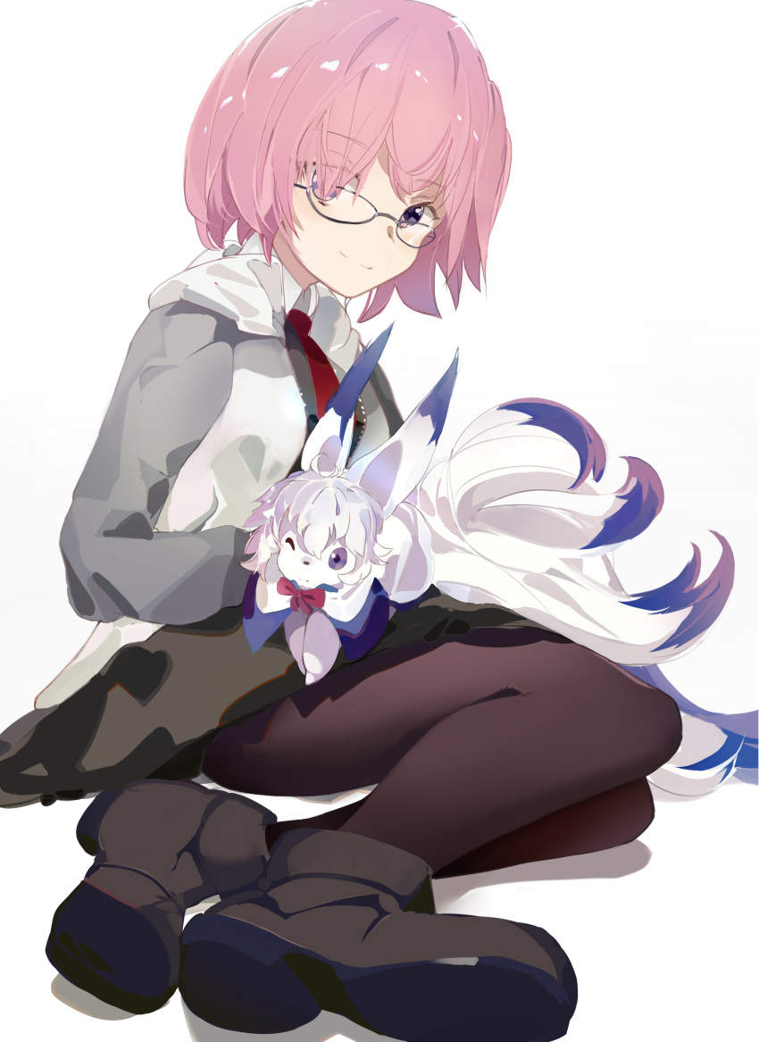 1girl absurdres black-framed_eyewear blush eyebrows_visible_through_hair fate/grand_order fate_(series) fou_(fate) glasses hair_over_one_eye highres jacket long_sleeves looking_at_viewer mash_kyrielight md5_mismatch necktie pantyhose pink_hair purple_eyes red_neckwear same_(sendai623) shadow short_hair sitting solo white_background