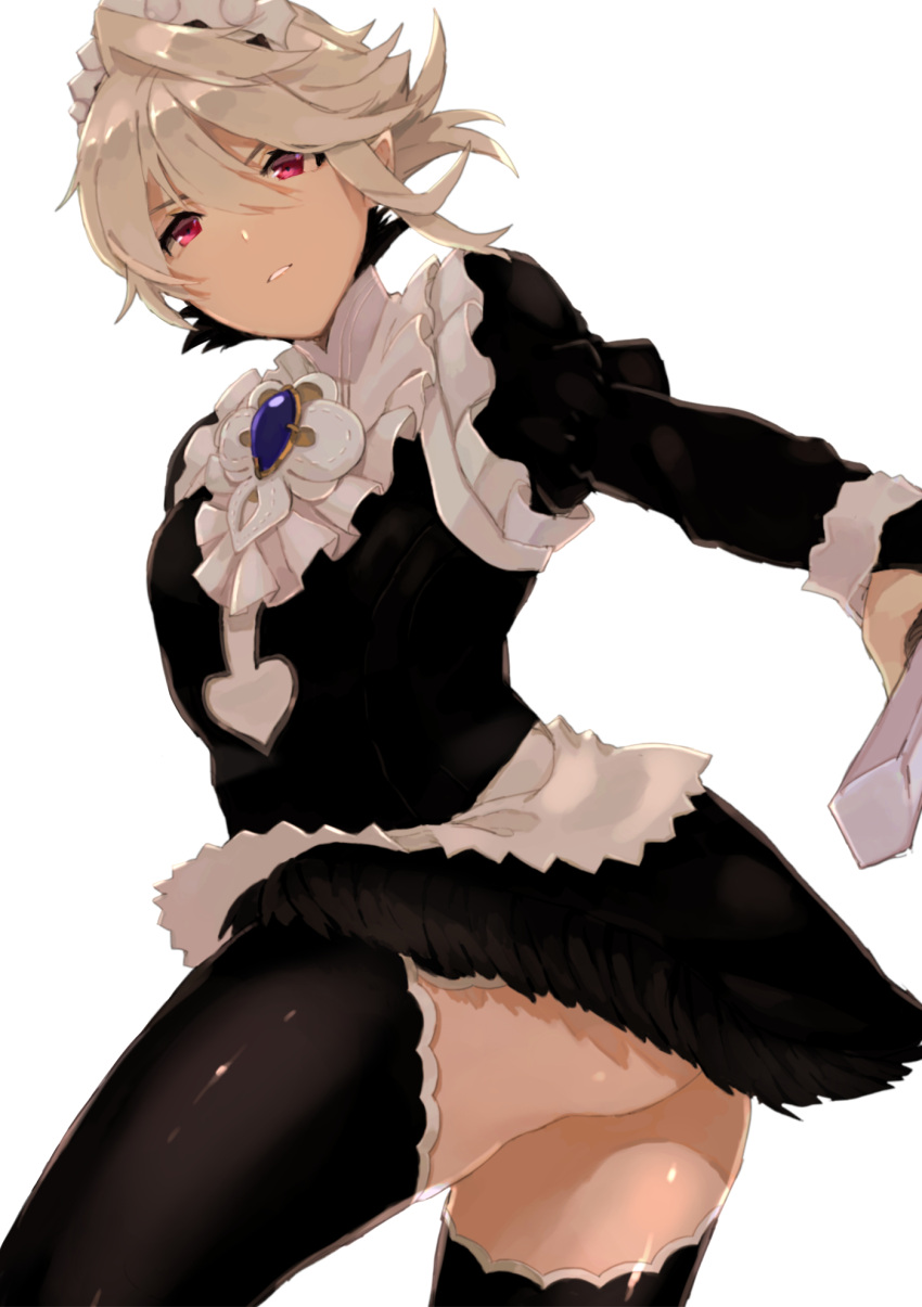 1boy alternate_costume ass blonde_hair commentary_request contrapposto corrin_(fire_emblem) corrin_(fire_emblem)_(male) crossdressing dagger fire_emblem fire_emblem_fates frills from_below highres knife maid maid_headdress male_focus miniskirt otoko_no_ko pointy_ears red_eyes simple_background skirt thighhighs twisted_torso w_(1999_kyu) weapon white_background