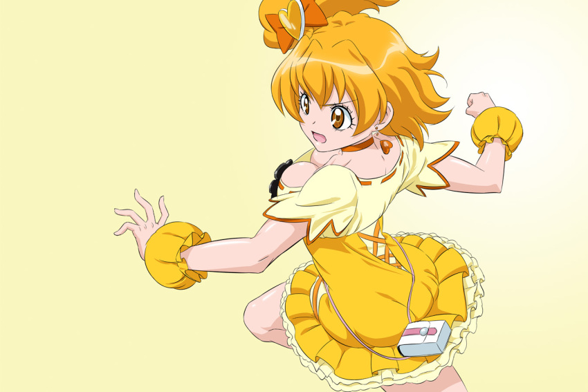 1girl blonde_hair bow breasts brown_eyes choker cleavage cure_pine downblouse earrings fresh_precure! fuchi_(nightmare) gradient gradient_background hair_bow hair_ornament heart heart_earrings heart_hair_ornament high-waist_skirt jewelry layered_skirt medium_breasts medium_hair miniskirt open_mouth orange_bow orange_choker pleated_skirt precure shiny shiny_hair shirt short_sleeves side_ponytail skirt solo standing standing_on_one_leg v-shaped_eyebrows white_background wrist_cuffs yamabuki_inori yellow_background yellow_shirt yellow_skirt