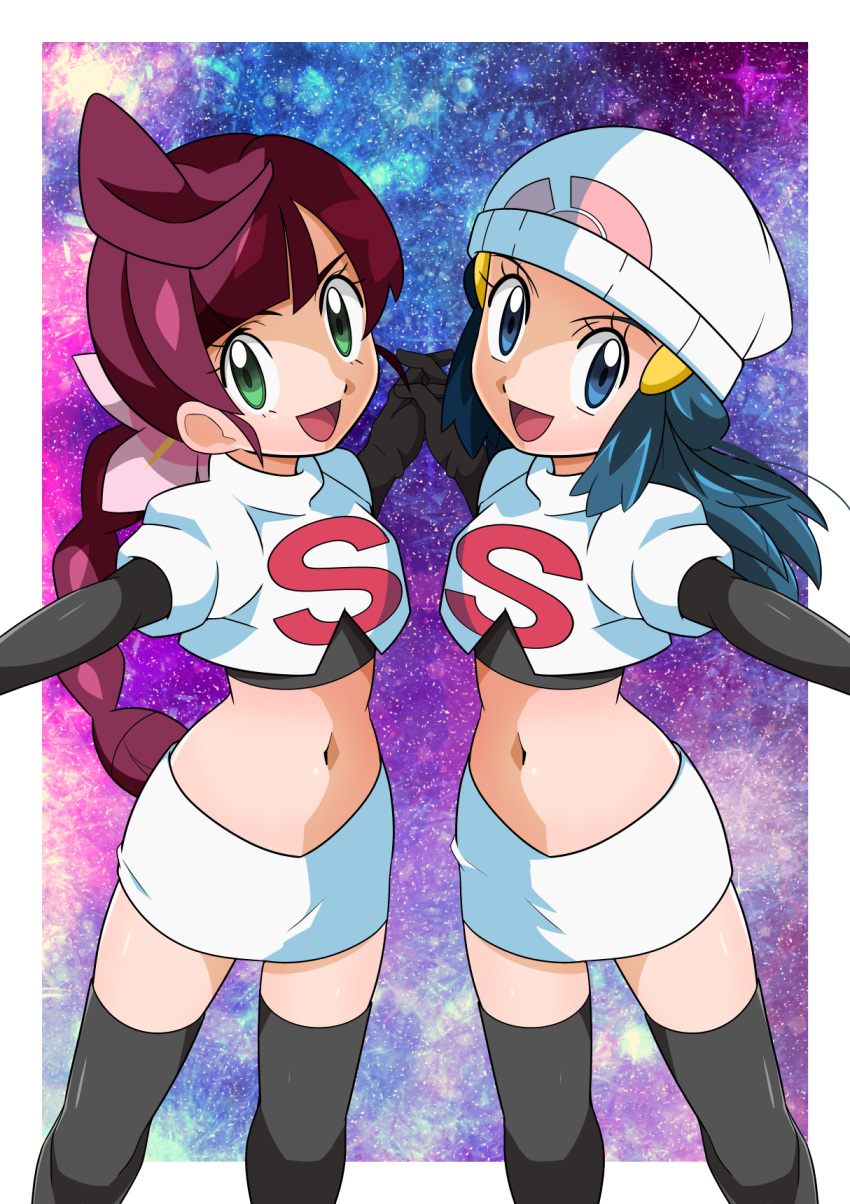 2girls alternate_costume beanie black_footwear black_legwear blue_eyes boots border braid braided_ponytail chloe_(pokemon) cosplay dawn_(pokemon) elbow_gloves feet_out_of_frame flower gloves green_eyes hainchu hair_flower hair_ornament hairclip hat highres holding_hands jessie_(pokemon) jessie_(pokemon)_(cosplay) long_hair looking_at_viewer medium_hair midriff miniskirt multiple_girls navel pokemon pokemon_(anime) pokemon_swsh_(anime) ponytail single_letter skirt standing starry_background stomach team_rocket_uniform tied_hair white_border white_skirt