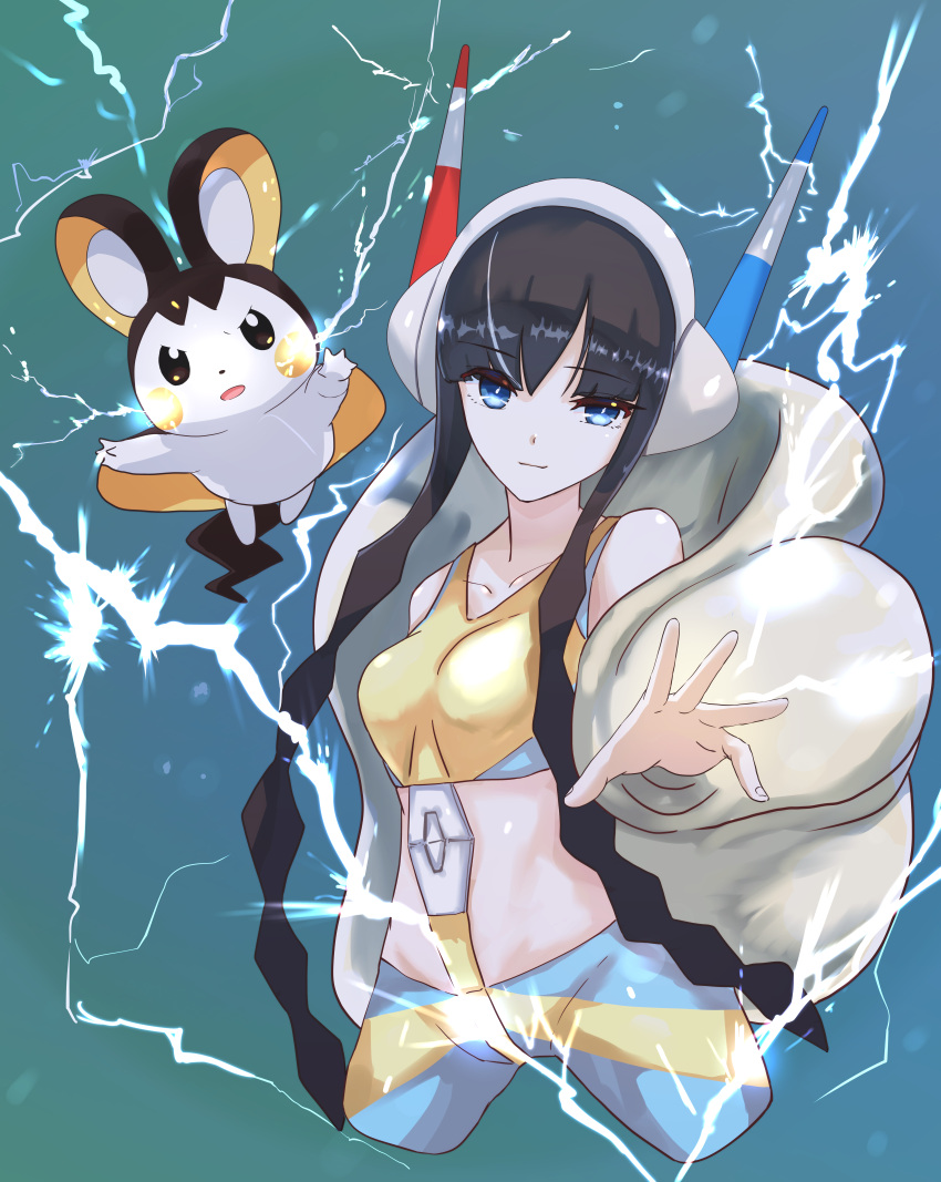 1girl absurdres aiueo_otoko bangs black_hair blue_eyes blunt_bangs breasts closed_mouth commentary_request electricity elesa_(pokemon) emolga eyelashes fur_jacket gen_5_pokemon gym_leader headphones highres huge_filesize legs_apart looking_at_viewer midriff pokemon pokemon_(creature) pokemon_(game) pokemon_bw2 shiny shiny_hair shiny_skin short_hair_with_long_locks sidelocks smile spread_fingers