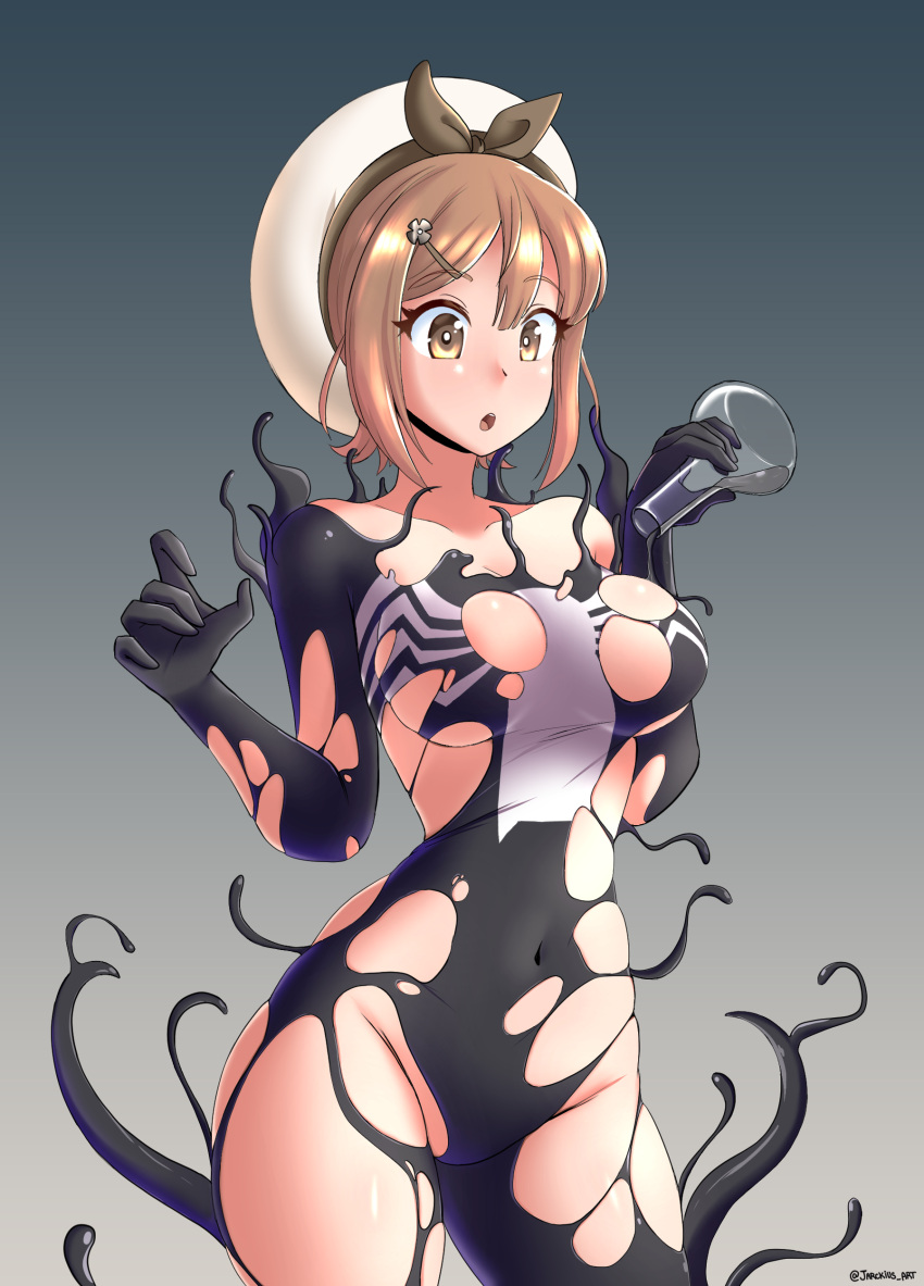 1girl absurdres atelier_(series) atelier_ryza beret black_ribbon breasts brown_eyes brown_hair covered_navel flask hat highres jarckius large_breasts marvel reisalin_stout ribbon round-bottom_flask short_hair slime_(creature) symbiote thighs venom_(marvel)