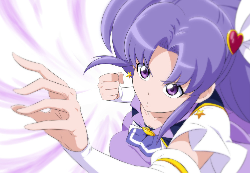 1girl closed_mouth collarbone cure_fortune detached_sleeves earrings fuchi_(nightmare) hair_intakes hair_ornament happinesscharge_precure! heart heart_hair_ornament hikawa_iona jewelry long_hair long_sleeves precure purple_eyes purple_hair shiny shiny_hair solo star_(symbol) star_earrings v-shaped_eyebrows white_background white_sleeves