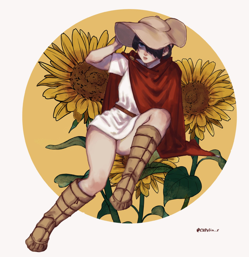 1girl arm_up black_hair blue_eyes boots brown_footwear brown_headwear cape capelin_s commentary flower hair_over_one_eye highres leaf looking_at_viewer original parted_lips plant red_cape shadow short_hair short_sleeves solo symbol-only_commentary yellow_background yellow_flower