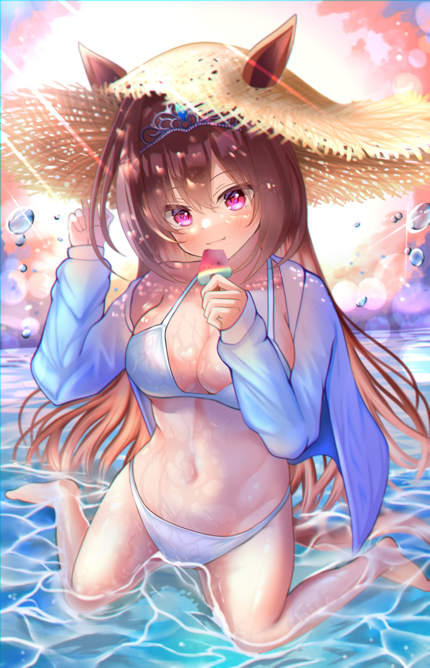 1girl animal_ears bikini blush breasts brown_hair cleavage daiwa_scarlet_(umamusume) food groin hair_between_eyes hand_on_headwear hat highres horse_ears kaku_yone kneeling large_breasts lens_flare looking_at_viewer navel partially_submerged popsicle smile solo straw_hat swimsuit swimsuit_under_clothes thighs tiara umamusume watermelon_bar wet white_bikini