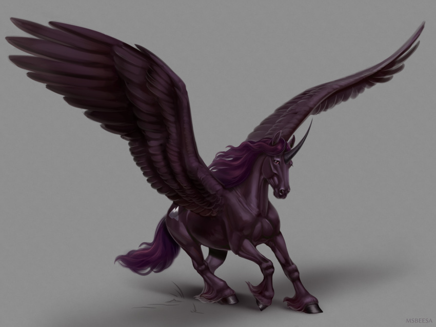 2023 4:3 ambiguous_feral ambiguous_gender anatomically_correct artist_name beesa cutie_mark digital_media_(artwork) equid equine feathering feral fur galloping hair hasbro hi_res hooves horn hybrid mammal mane my_little_pony mythological_creature mythological_equine mythology pink_eyes plant pupils purple_body purple_fur purple_hair purple_wings quadruped raised_wings signature solo spread_wings tail text winged_unicorn wings