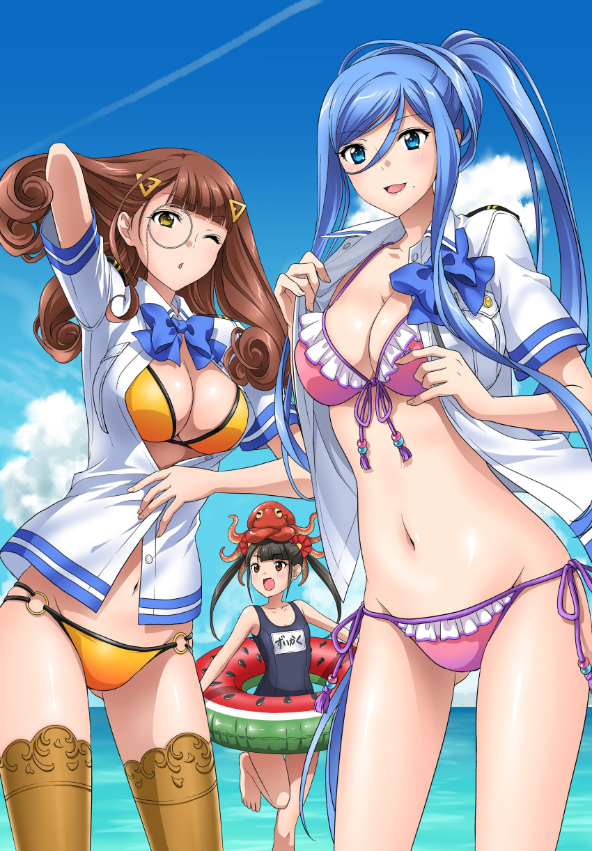 3girls absurdres aoki_hagane_no_arpeggio bikini bikini_under_clothes black_hair blue_eyes blue_hair breasts brown_hair character_name cleavage collarbone competition_swimsuit day highres hyuuga_(aoki_hagane_no_arpeggio) innertube itsuki_sayaka marine_day medium_breasts monocle multiple_girls navel one-piece_swimsuit one_eye_closed open_clothes open_shirt outdoors pink_bikini red_eyes swimsuit swimsuit_under_clothes takao_(aoki_hagane_no_arpeggio) water yellow_bikini yellow_eyes zuikaku_(aoki_hagane_no_arpeggio)