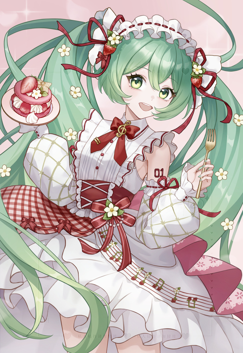 1girl 7fan absurdres apron arm_tattoo blush commentary_request dessert detached_sleeves dress fingernails flower food fork frilled_apron frilled_hairband frills fruit green_eyes green_hair green_nails hair_between_eyes hair_flower hair_ornament hair_ribbon hairband hatsune_miku highres holding holding_fork long_hair long_sleeves maid_apron maid_headdress musical_note musical_note_print musical_staff musical_staff_print nail_polish number_tattoo open_mouth pink_background red_ribbon ribbon simple_background sleeveless sleeveless_dress smile solo strawberry strawberry_slice tattoo twintails very_long_hair vocaloid white_apron white_dress white_sleeves