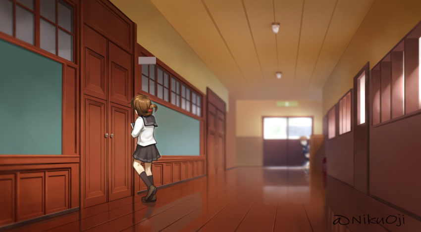 4girls akatsuki_(kancolle) blurry blurry_background book brown_hair commentary_request depth_of_field door folded_ponytail hallway hat hibiki_(kancolle) ikazuchi_(kancolle) inazuma_(kancolle) kantai_collection multiple_girls nikuoji peeking_out pleated_skirt purple_hair school_uniform serafuku skirt solo_focus white_hair window