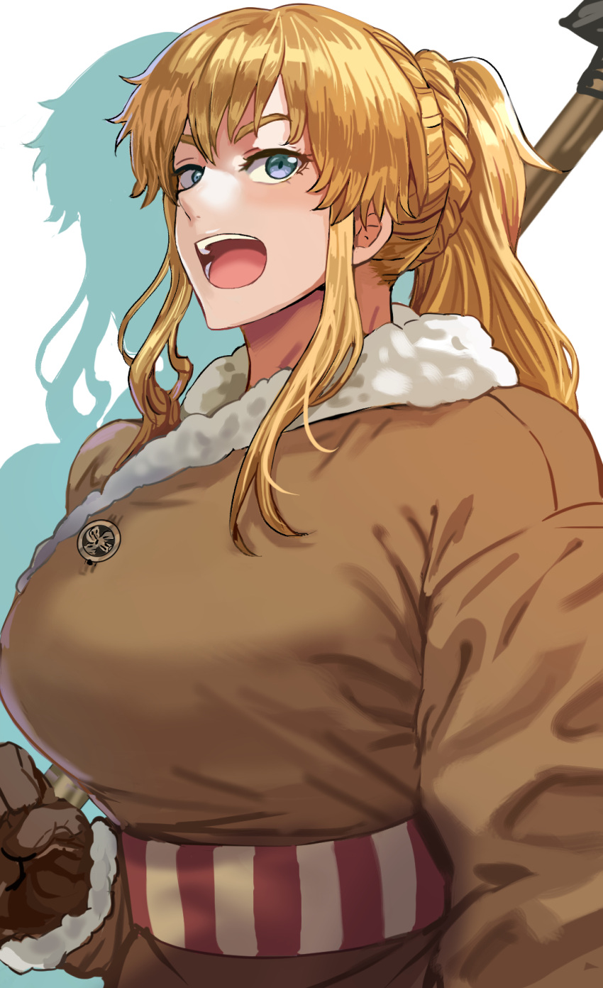 1girl blonde_hair blue_eyes daraz18aka fur_trim gloves highres long_hair looking_at_viewer open_mouth ponytail portrait solo_focus tunic viking vinland_saga ylva