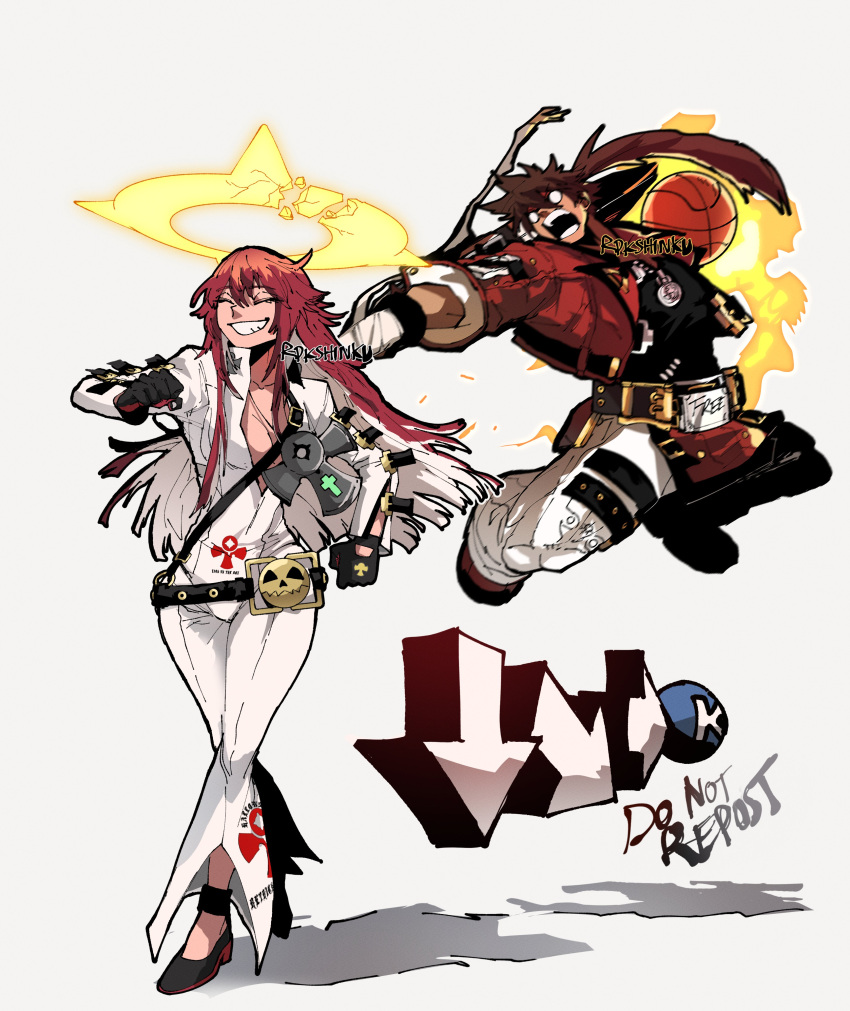 1boy 1girl absurdres aria_(guilty_gear) ball bandaged_arm bandages basketball belt belt_buckle black_footwear black_gloves broken_halo brown_hair buckle closed_eyes collarbone crack cross english_text eyebrows_visible_through_hair fingernails fire flame gameplay_mechanics gloves guilty_gear guilty_gear_strive hair_between_eyes halo highres holding holding_ball holding_sword holding_weapon jack-o'_valentine long_hair multicolored multicolored_clothes multicolored_hair no_pupils open_mouth ponytail rdkshinku red_footwear red_gloves red_hair signature sleeves_rolled_up smile sol_badguy sword teeth two-tone_gloves walking weapon white_hair wide_hips