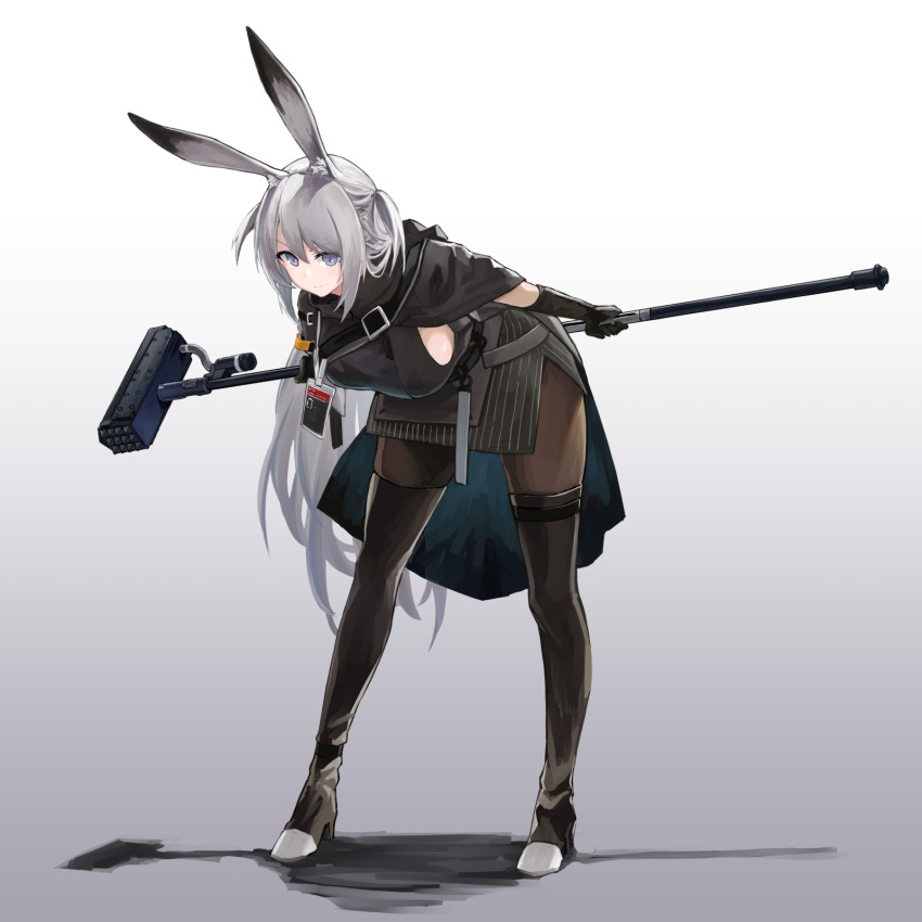 1girl animal_ears arknights bent_over black_capelet black_gloves black_pantyhose black_shirt black_skirt black_thighhighs breasts capelet closed_mouth commentary gloves grey_eyes grey_hair hammer highres holding holding_behind_back holding_hammer large_breasts legs_apart long_hair looking_at_viewer pantyhose pinstripe_pattern pinstripe_skirt rabbit_ears rabbit_girl savage_(arknights) sentou_kouhei_kitsune shadow shirt side_slit simple_background skirt sleeveless sleeveless_shirt smile solo standing thighhighs thighhighs_over_pantyhose v-shaped_eyebrows very_long_hair white_background