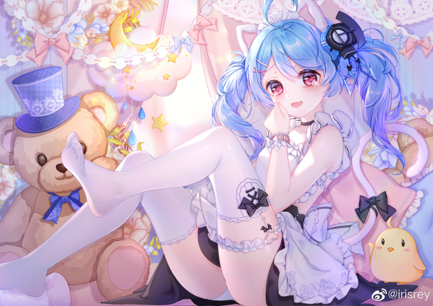 1girl absurdres ahoge animal_ears apron azur_lane bad_link bangs black_bow black_choker black_skirt blue_bow blue_hair blush bow cat_ears cat_tail choker eyebrows_visible_through_hair fake_animal_ears fang feet feet_up flower foot_out_of_frame frilled_apron frills hair_ornament hairclip hand_up highres irisrey knees_up leg_garter lena_(azur_lane) long_hair looking_at_viewer manjuu_(azur_lane) no_shoes on_bed open_mouth panties pillow pink_bow pink_flower red_eyes sitting skin_fang skirt star_(symbol) stuffed_animal stuffed_toy tail tail_bow tail_ornament tail_raised tearing_up teddy_bear thighhighs twintails underwear weibo_username white_apron white_legwear white_panties wrist_cuffs x_hair_ornament