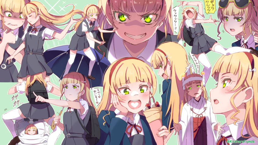 1girl bangs blonde_hair blunt_bangs blush closed_eyes cream cream_on_face crepe cropped_legs dress eating eyebrows_visible_through_hair eyewear_on_head food food_awe food_on_face full_body glaring green_eyes grin hair_flip hairband hand_on_own_cheek hand_on_own_face heanna_sumire heart heart_in_mouth holding holding_umbrella japanese_clothes kitahara_tomoe_(kitahara_koubou) long_hair love_live! love_live!_superstar!! miko multiple_views neck_ribbon open_mouth pinafore_dress pointing profile red_hairband red_ribbon ribbon school_uniform smile straight_hair sunglasses sweatdrop teeth thighhighs translation_request umbrella upper_body v-shaped_eyebrows white_legwear yuigaoka_school_uniform zettai_ryouiki
