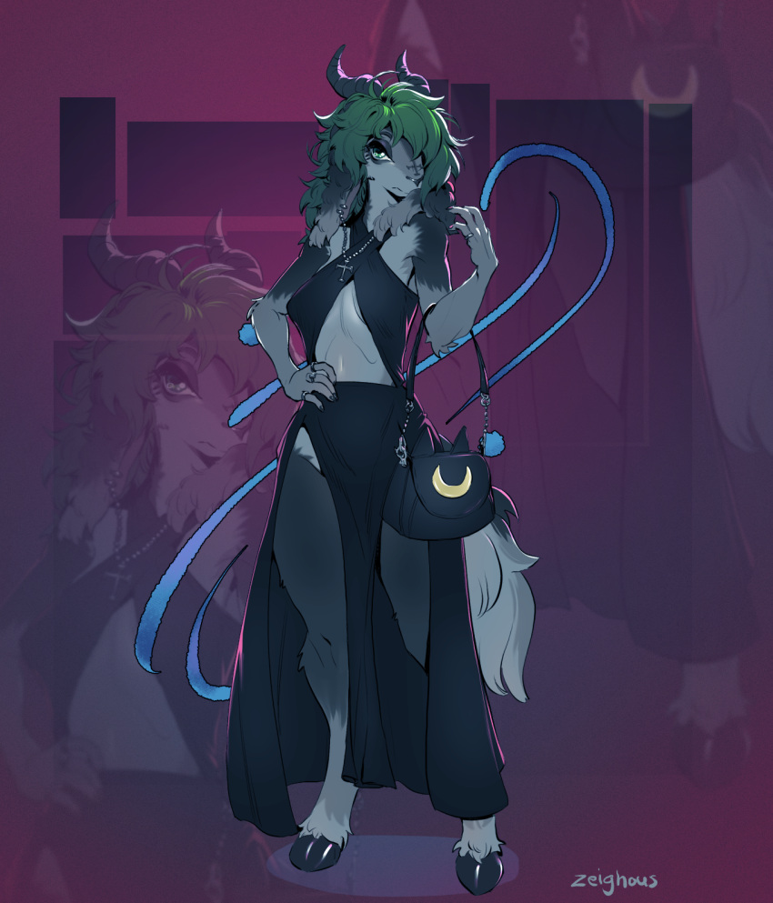 2025 2_horns anthro arm_tuft belly_cutout biped black_clothing black_dress black_hooves bovid caprine clothed clothed_anthro clothed_female clothing countershade_fur countershade_torso countershading cross cross_necklace cutout digit_ring digital_media_(artwork) dress ear_piercing ear_ring eden_(hazelknuts) elbow_tuft eyeliner female floppy_ears formal_wear front_view full-length_portrait fully_clothed fully_clothed_anthro fully_clothed_female fur goat green_eyes green_hair grey_body grey_countershading grey_fur hair hair_over_eye halterneck hand_on_hip hi_res hooves horn jewelry long_dress long_ears looking_at_viewer lop_ears makeup mammal midriff monotone_hair navel necklace piercing portrait purse ring_piercing signature skimpy slim_anthro slim_female slit_dress solo standing tuft unguligrade zeighous