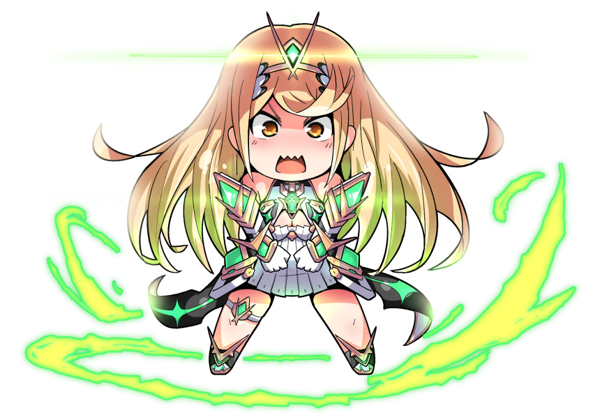 1girl bangs bare_legs bare_shoulders blonde_hair breasts chest_jewel chibi cleavage cleavage_cutout clothing_cutout dress earrings elbow_gloves fukkatsu_saisei_kaijin gloves highres jewelry large_breasts long_hair mythra_(xenoblade) short_dress solo swept_bangs thigh_strap tiara very_long_hair white_dress white_footwear white_gloves xenoblade_chronicles_(series) xenoblade_chronicles_2 yellow_eyes