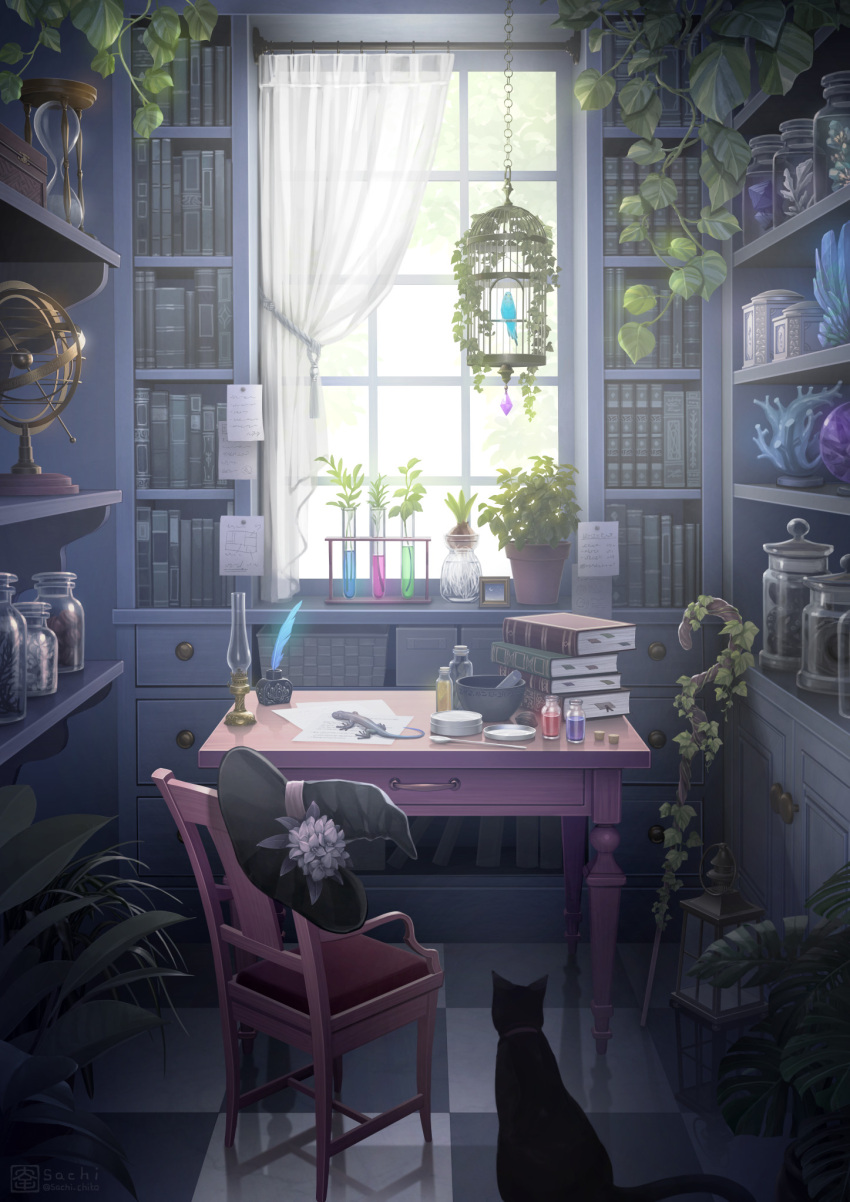 bird birdcage black_cat blue_bird book book_stack bookshelf bottle cage cat chair checkered checkered_floor cork curtains hanging hat highres hourglass jar lantern lizard mortar no_humans original pestle plant potted_plant sachi_(yumemayoi) scenery staff table test_tube window witch_hat