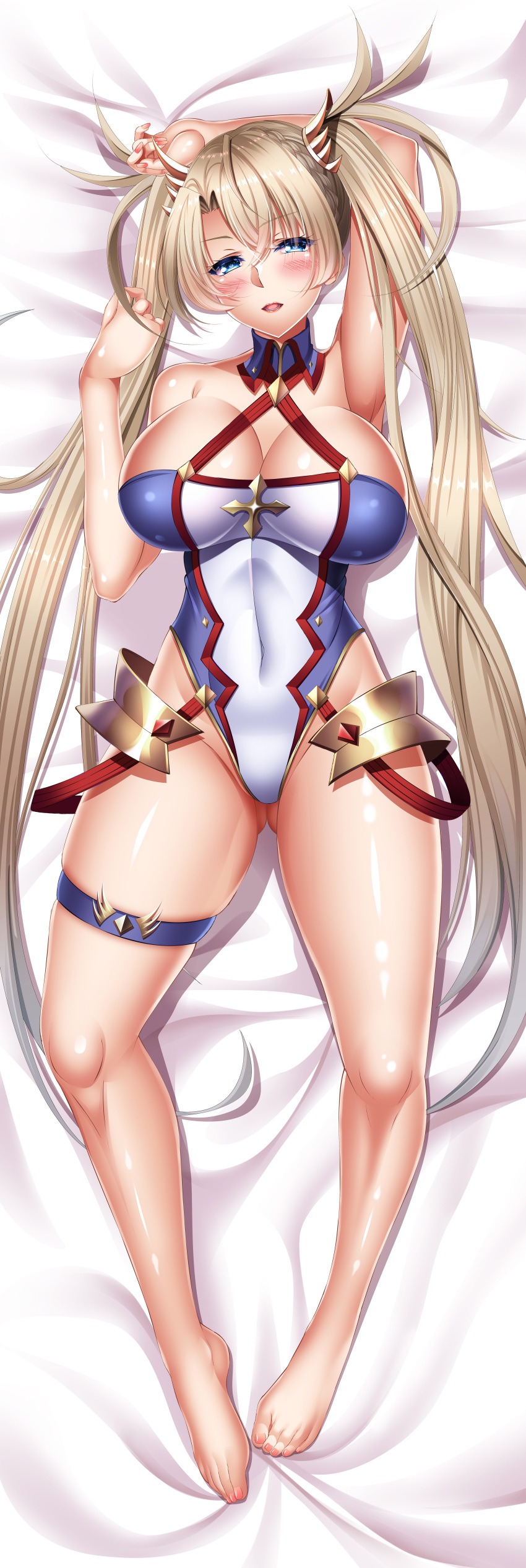 1girl absurdres bangs bare_shoulders blonde_hair blue_eyes blue_gloves blue_leotard blush bradamante_(fate) braid breasts cleavage crown_braid dakimakura_(medium) elbow_gloves fate/grand_order fate_(series) gloves highleg highleg_leotard highres large_breasts leotard long_hair looking_at_viewer thigh_strap thighs twintails two-tone_gloves two-tone_leotard very_long_hair white_gloves white_leotard yuuzuki_hijiri