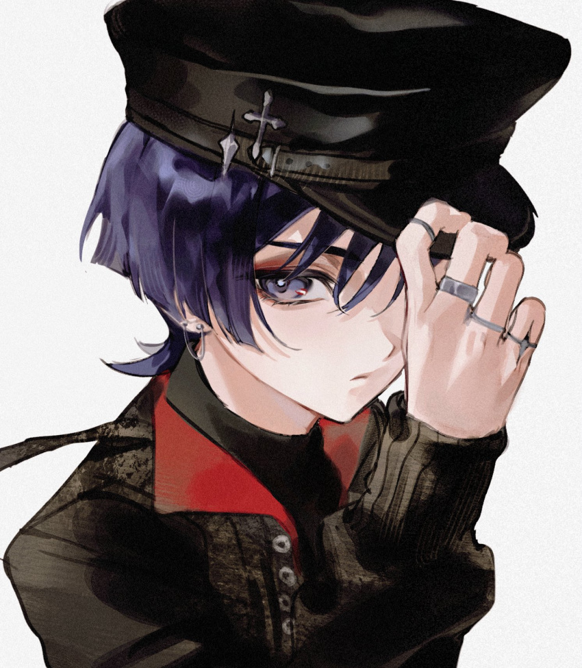 1boy alternate_costume bishounen black_hat black_jacket black_shirt black_sleeves blunt_ends bright_pupils casual choppy_bangs closed_mouth cnorkie commentary contemporary earrings eyelashes eyeshadow genshin_impact hand_over_eye hand_up hat hat_tip highres jacket jewelry long_sleeves makeup male_focus multiple_rings peaked_cap portrait purple_eyes purple_hair red_eyeshadow ring scaramouche_(genshin_impact) shirt solo tsurime turtleneck turtleneck_shirt undershirt untranslatable_commentary white_background white_pupils
