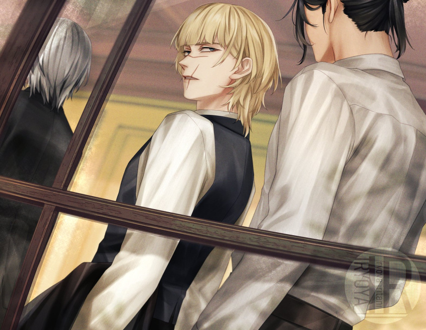 2boys alternate_costume alternate_hairstyle artist_logo badeni belt black_belt black_hair black_pants black_vest blonde_hair character_request chi.:_chikyuu_no_undou_ni_tsuite collared_shirt commentary_request contemporary highres holding holding_unworn_clothes holding_unworn_jacket iorbtyn jacket logo looking_at_another multiple_boys oczy pants scar scar_on_face scar_on_mouth scar_on_nose shirt shirt_tucked_in short_hair standing unworn_jacket vest white_shirt