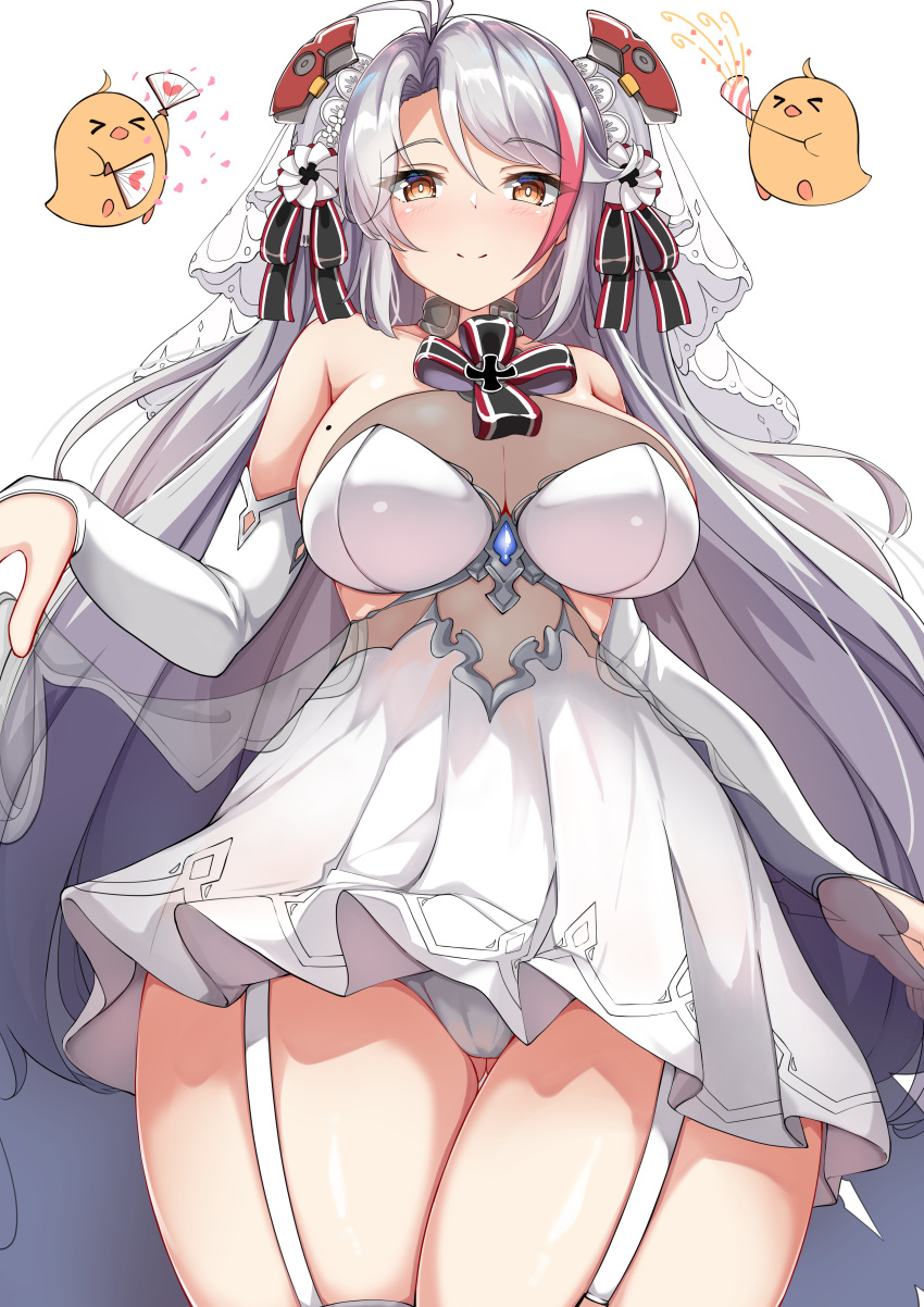 &gt;_&lt; 1girl absurdres antenna_hair azur_lane bangs blush breasts bridal_veil brown_eyes closed_eyes closed_mouth dress eyebrows_visible_through_hair folding_fan from_below garter_straps grey_hair hair_between_eyes hand_fan headgear highres large_breasts long_hair looking_at_viewer looking_down manjuu_(azur_lane) mole mole_on_breast moyoron multicolored_hair official_alternate_costume panties party_popper prinz_eugen_(azur_lane) prinz_eugen_(symphonic_fate)_(azur_lane) red_hair see-through simple_background sketch smile streaked_hair thighhighs underwear veil very_long_hair wedding_dress white_background white_dress white_legwear white_panties