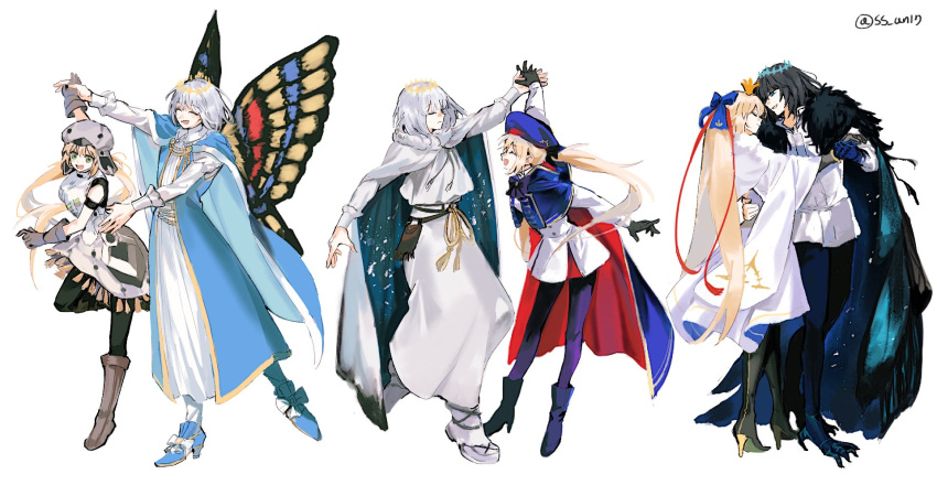 arthropod_boy arthropod_limbs artoria_caster_(fate) artoria_caster_(first_ascension)_(fate) artoria_caster_(second_ascension)_(fate) artoria_caster_(third_ascension)_(fate) artoria_pendragon_(fate) beret black_boots black_gloves black_hair black_pantyhose blonde_hair blue_bow blue_cape blue_capelet blue_cloak blue_hat boots bow butterfly_wings cape capelet cloak closed_eyes crown dancing diamond_hairband dress fate/grand_order fate_(series) full_body fur-trimmed_cape fur-trimmed_capelet fur-trimmed_cloak fur_trim gloves green_eyes grey_boots grey_gloves grey_hair grey_hat hair_bow hat highres hood hooded_cape insect_wings jacket long_hair low_twintails multicolored_cape multicolored_capelet multicolored_cloak multicolored_ribbon oberon_(fate) oberon_(first_ascension)_(fate) oberon_(second_ascension)_(fate) oberon_(third_ascension)_(fate) open_mouth pantyhose ponytail ribbon robe skirt smile split_ponytail ss_un17 twintails vest white_background white_cape white_cloak white_dress white_jacket white_robe white_skirt white_vest wing_cape wings