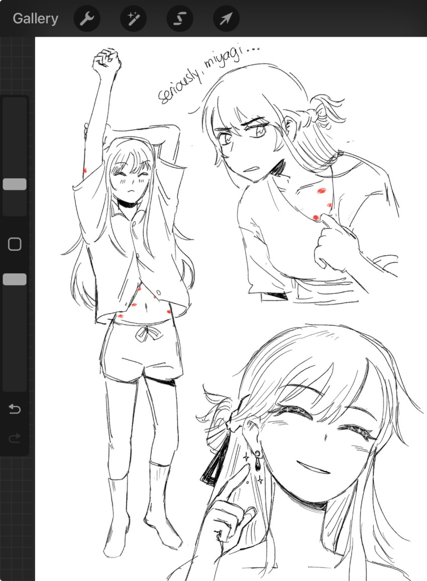 1girl art_program_in_frame blush braid closed_eyes earrings grugby half_up_braid hickey highres implied_yuri jewelry long_hair multiple_views parted_lips sendai_hazuki shirt shorts shuuniichido_classmate_wo_kau_hanashi smile socks sparkle spot_color stretching unfinished waking_up
