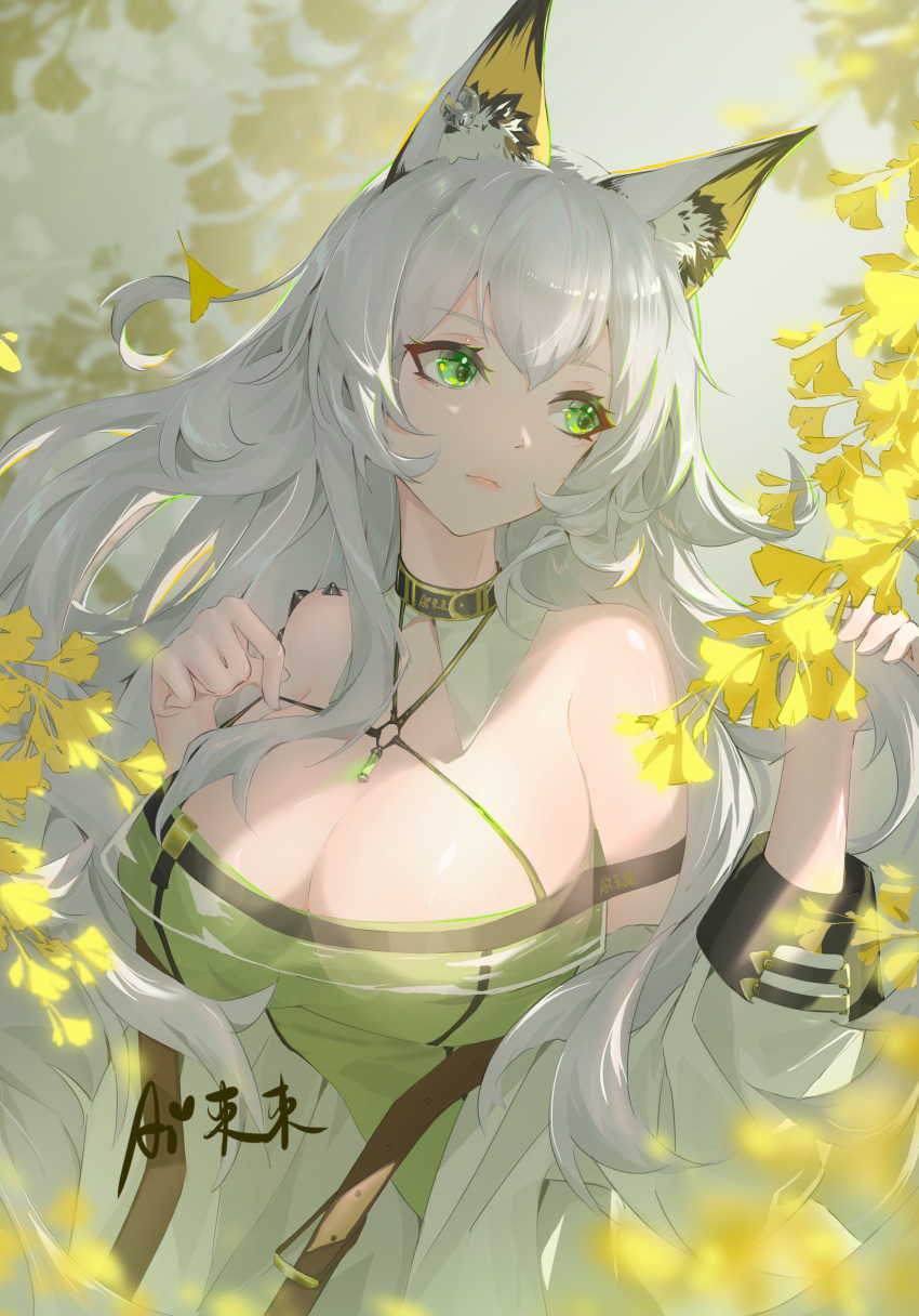 1girl absurdres ai_dongdong alternate_hair_length alternate_hairstyle animal_ear_fluff arknights artist_name autumn_leaves bangs bare_shoulders breasts cleavage closed_mouth coat collar dress earrings ginkgo_leaf green_dress green_eyes heart highres jewelry kal'tsit_(arknights) large_breasts lips lipstick long_hair long_sleeves makeup open_clothes open_coat pink_lips silver_hair smile solo upper_body white_coat