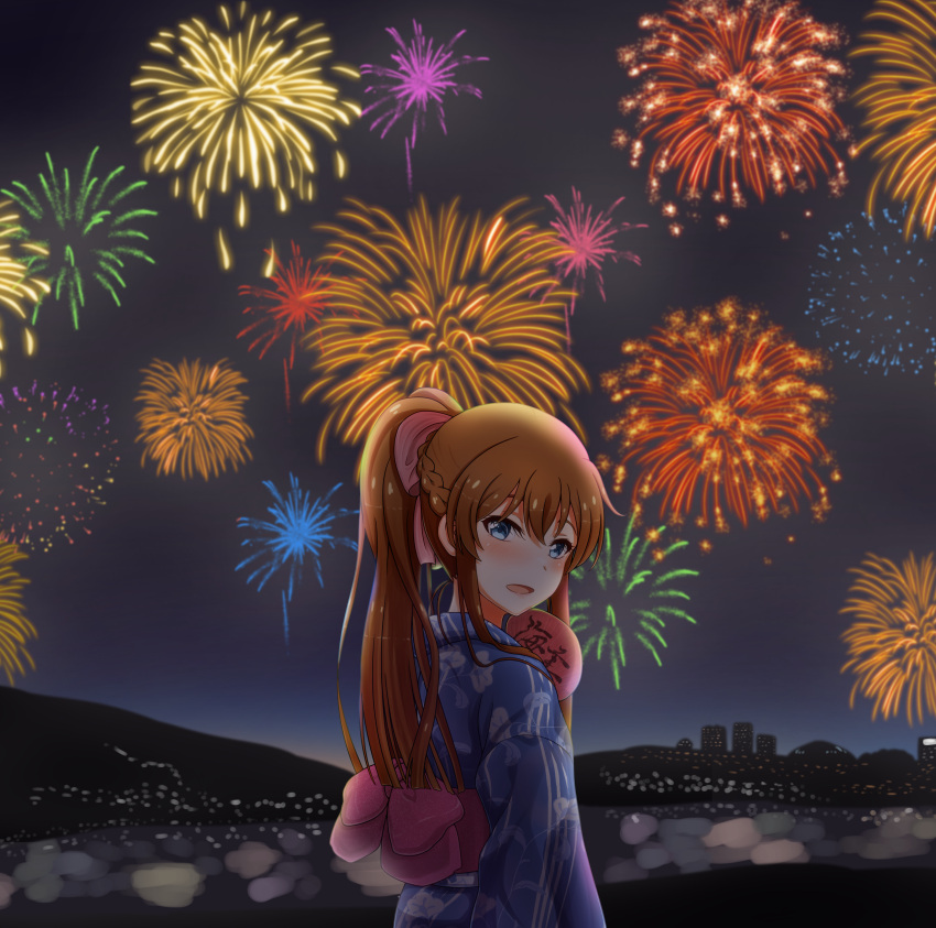 1girl absurdres alternate_hairstyle blue_eyes brown_hair festival fireworks hand_fan highres idolmaster idolmaster_million_live! idolmaster_million_live!_theater_days japanese_clothes kaberiemate kimono kousaka_umi long_hair looking_back obi paper_fan ponytail sash shadow silhouette smile solo yukata