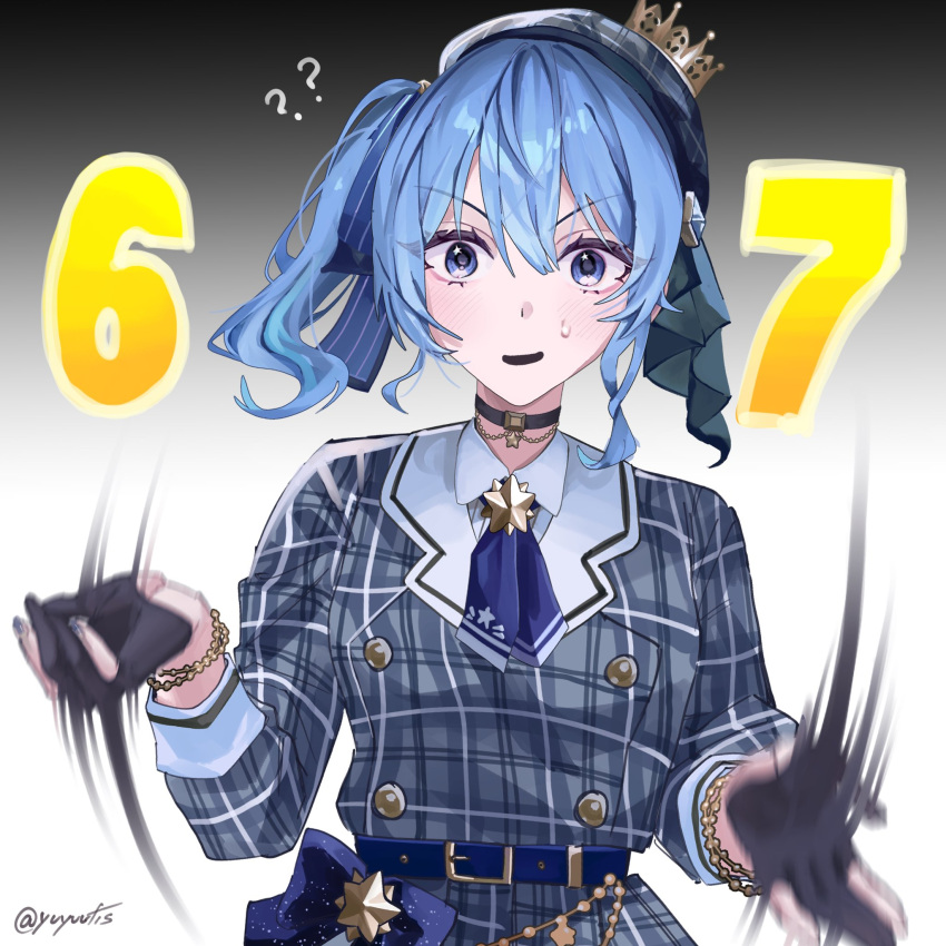 1girl 67_(meme) ? ?? asymmetrical_hair bead_bracelet beads belt beret black_background black_choker black_gloves blue_belt blue_bow blue_eyes blue_hair blue_nails blue_necktie blue_ribbon blush bow bracelet breasts choker collared_shirt commentary confused crown english_commentary gloves gradient_background grey_hat grey_jacket grey_skirt hair_ribbon hat highres hololive hoshimachi_suisei hoshimachi_suisei_(1st_costume) jacket jewelry long_sleeves looking_at_viewer medium_hair meme mini_crown motion_blur motion_lines mushroommoorhs1 nail_polish necktie open_mouth partially_fingerless_gloves plaid_clothes plaid_hat plaid_jacket plaid_skirt ribbon shirt short_necktie side_ponytail simple_background skirt small_breasts solo star_(symbol) star_choker star_in_eye striped_ribbon sweatdrop symbol_in_eye upper_body virtual_youtuber white_background white_shirt wing_collar