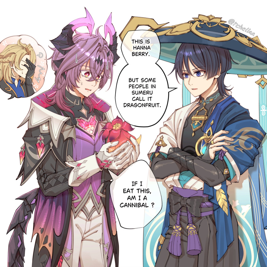 3boys ^^^ albedo_(genshin_impact) animal_print armor belt berry bird_print birthmark black_belt black_bodysuit black_bow black_coat black_gloves black_horns black_shorts black_tail blonde_hair blue_gem blue_hat blue_kimono blue_shirt blue_sleeves blunt_ends bodysuit bow braid bridal_gauntlets bright_pupils chest_jewel closed_mouth coat crossed_arms crossed_bangs diamond-shaped_pupils diamond_(shape) dragon_boy dragon_horns dragon_wings durin_(genshin_impact) english_text eyeliner facepalm facial_mark feathers fingernails food forehead_mark fruit furisode gem genshin_impact glint gloves glowing_gem gold gold_cape grey_bridal_gauntlets hair_between_eyes half_up_braid hand_on_own_arm hand_on_own_face hands_up hat heart-shaped_gem highres holding holding_food holding_fruit horns japanese_armor japanese_clothes jingasa juban kimono kote kurokote layered_sleeves low_wings lower_teeth_only makeup mandarin_collar multicolored_horns multiple_boys nervous_sweating open_clothes open_coat open_kimono open_mouth orange_eyes pants pink_gem pom_pom_(clothes) pun purple_eyes purple_hair purple_horns purple_rope purple_sash purple_vest purple_wings rchella red_eyeliner rope sash scaramouche_(genshin_impact) shirt short_sleeves shorts shoulder_peek side_cape speech_bubble spoken_character sweat symbol-shaped_pupils teeth twitter_username two-tone_horns vest vision_(genshin_impact) wanderer_(genshin_impact) white_background white_gloves white_kimono white_pants white_pupils white_sleeves white_trim wings wispy_bangs yellow_feathers