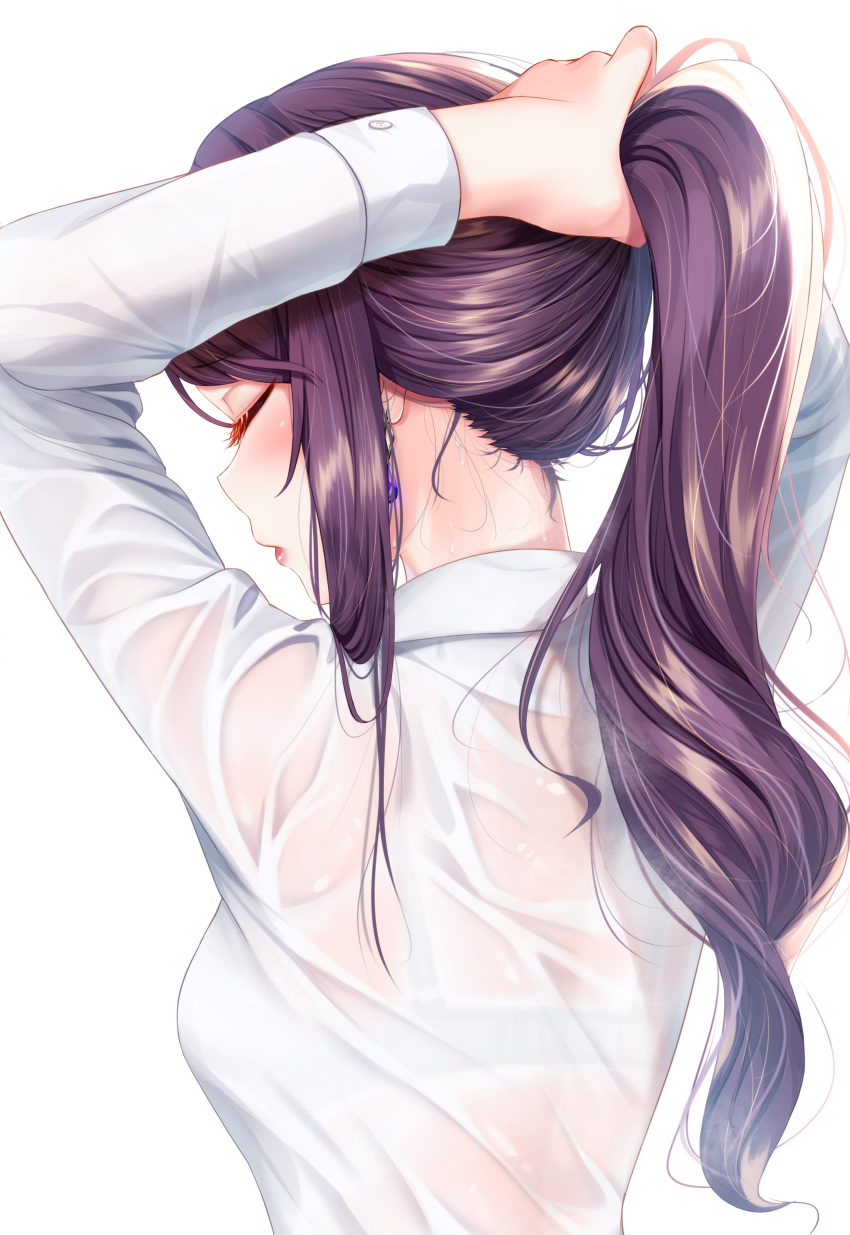 1girl absurdres arms_up back bra_through_clothes closed_eyes collared_shirt earrings from_behind gundou_mirei highres jewelry long_hair long_sleeves nape nijisanji ponytail purple_hair rai_(newtype_xm-x1) see-through shirt simple_background solo sweat sweatdrop sweating_profusely sweaty_clothes tying_hair white_background white_shirt