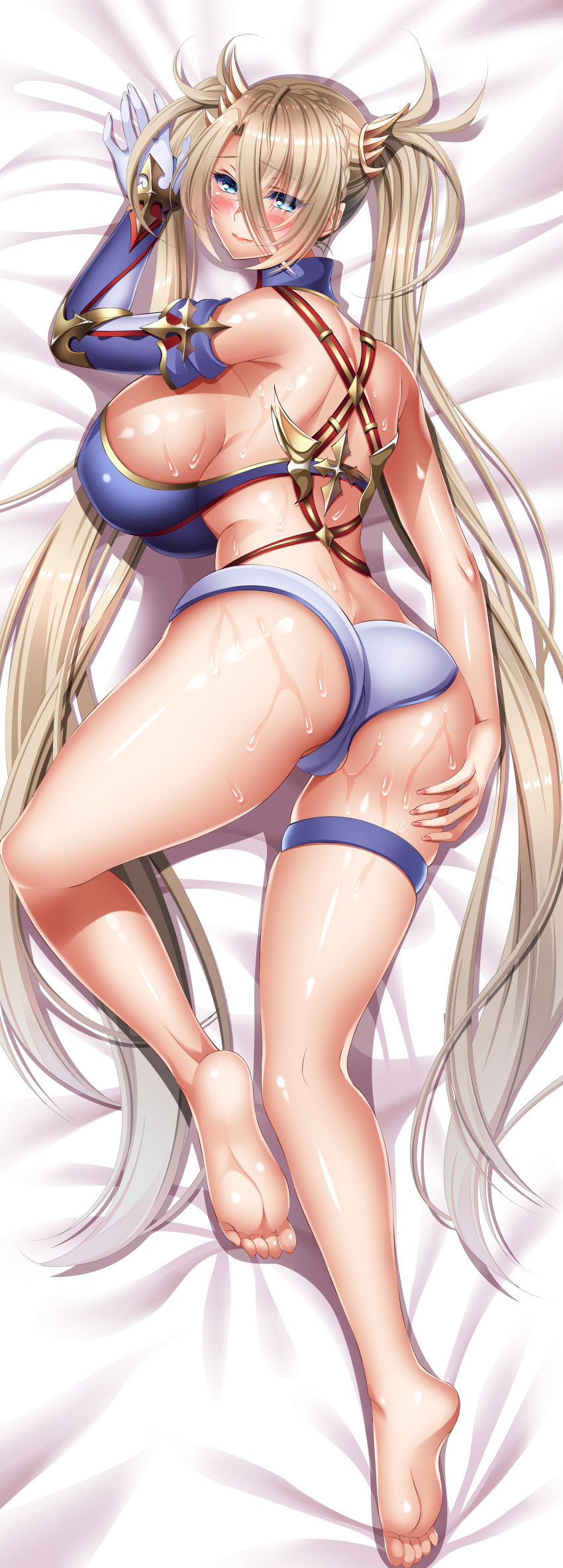 1girl absurdres ass back bangs bare_shoulders blonde_hair blue_eyes blue_gloves blue_leotard blush bradamante_(fate) braid breasts crown_braid dakimakura_(medium) elbow_gloves fate/grand_order fate_(series) gloves highleg highleg_leotard highres large_breasts leotard long_hair looking_at_viewer thigh_strap thighs twintails two-tone_gloves two-tone_leotard very_long_hair white_gloves white_leotard yuuzuki_hijiri