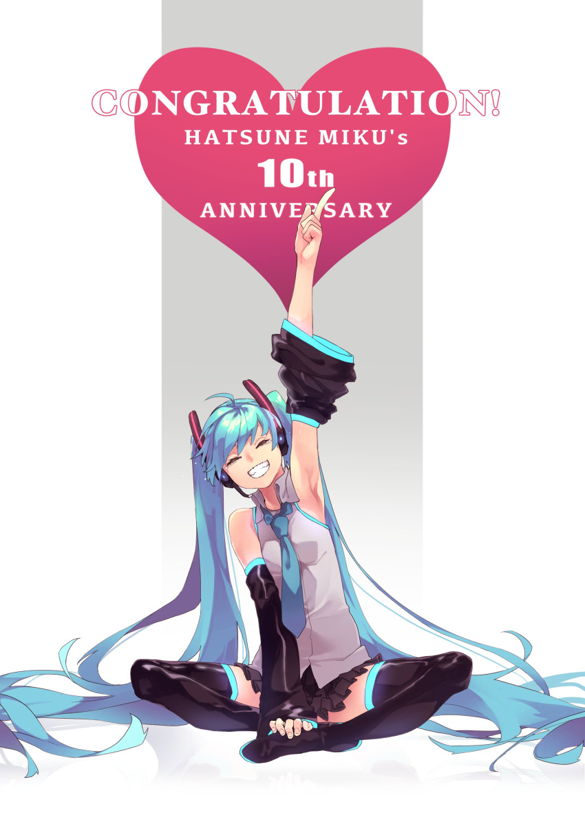 1girl absurdres anniversary armpits black_legwear black_skirt blue_neckwear character_name commentary congratulations detached_sleeves facing_viewer grey_shirt grin hand_up hatsune_miku head_tilt headphones headset highres index_finger_raised indian_style long_hair long_sleeves microphone miniskirt necktie pleated_skirt reiga_(act000) shirt sitting skirt sleeveless sleeveless_shirt smile solo thighhighs twintails very_long_hair vocaloid