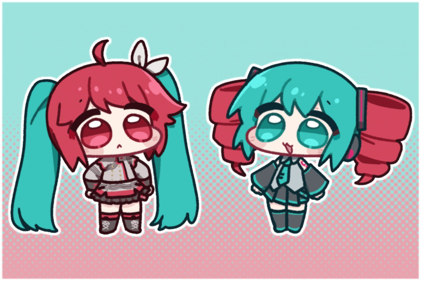 2girls :< :3 :d aqua_background aqua_eyes aqua_hair black_boots black_skirt blush boots chibi chibi_only commentary cosplay costume_switch detached_sleeves drill_hair full_body gradient_background grey_shirt hair_ornament hands_on_own_hips hatsune_miku highres kasane_teto long_hair long_sleeves magnet_(akwlspt) multicolored_hair multiple_girls no_pupils pleated_skirt red_background red_eyes red_hair shirt skirt smile standing twin_drills twintails untranslatable_commentary utau vocaloid