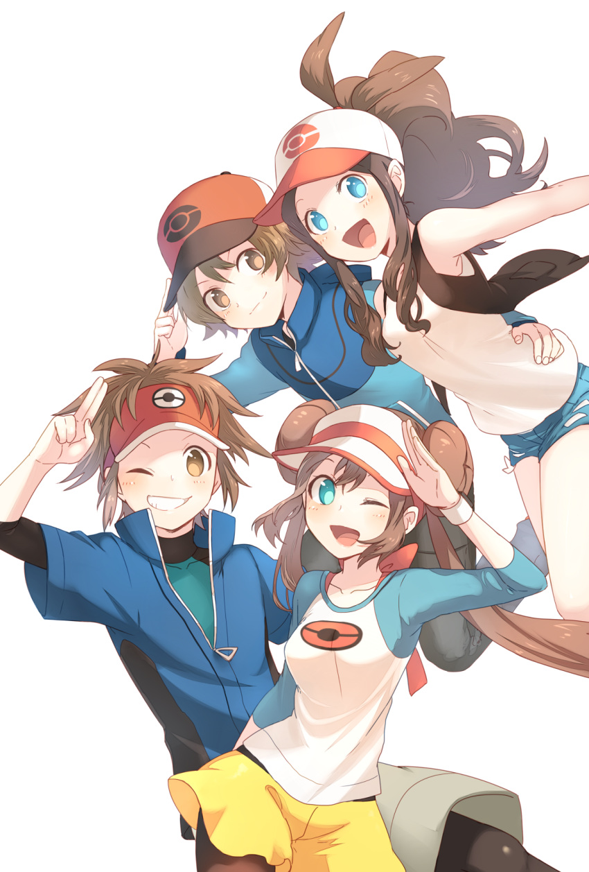 2boys 2girls bare_shoulders baseball_cap blue_eyes brown_eyes brown_hair commentary_request denim denim_shorts double_bun hat highres hilbert_(pokemon) hilda_(pokemon) multiple_boys multiple_girls nate_(pokemon) one_eye_closed pantyhose pokemon pokemon_(game) pokemon_bw pokemon_bw2 raglan_sleeves rosa_(pokemon) sekka_koyori shorts v vest visor_cap