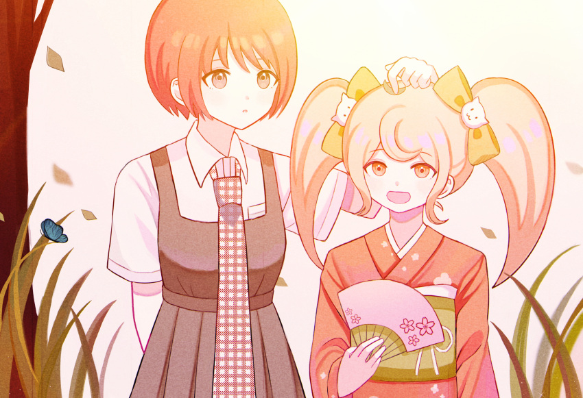 2girls bangs blonde_hair bow brown_dress brown_hair bug butterfly cat_hair_ornament commentary danganronpa_(series) danganronpa_2:_goodbye_despair dress freckles furisode grass hair_bow hair_ornament hand_fan hand_on_another's_head highres holding holding_fan insect japanese_clothes kimono koizumi_mahiru long_hair multiple_girls necktie nk_(dzzx8334) obi open_mouth orange_bow orange_kimono petals plaid_neckwear saionji_hiyoko sash shiny shiny_hair shirt short_hair short_sleeves simple_background smile tree twintails white_shirt