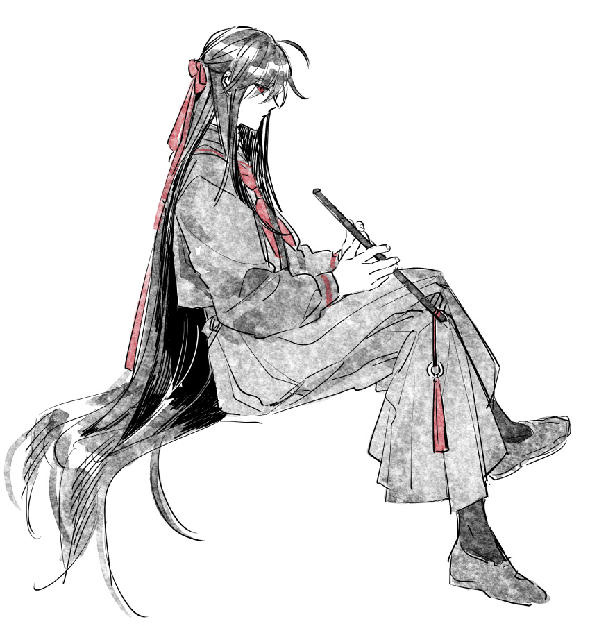 1girl ahoge alternate_costume black_hair black_serafuku black_shirt black_shoes black_skirt black_socks chenqing_flute commentary_request contemporary crossed_legs dizi flute flute_tassel from_side full_body genderswap genderswap_(mtf) hair_down hair_ribbon half_updo highres holding holding_flute holding_instrument instrument invisible_chair korean_commentary long_hair long_skirt long_sleeves melmerry modao_zushi monochrome neckerchief pleated_skirt profile red_eyes red_neckerchief red_ribbon ribbon school_uniform serafuku shirt shoes sidelocks simple_background sitting skirt socks solo spot_color tassel transverse_flute very_long_hair wei_wuxian wei_wuxian_(yiling_laozu) white_background