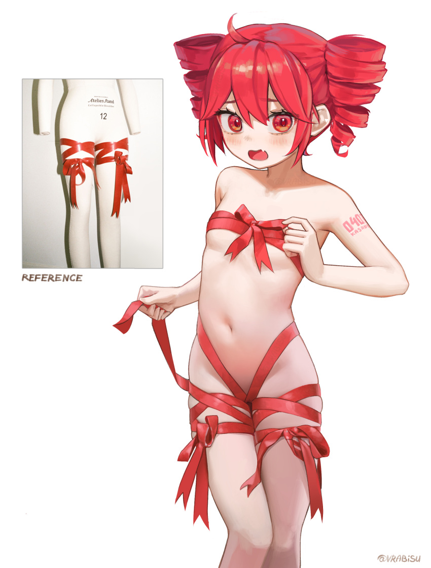 1girl absurdres alternate_costume blush breasts commentary drill_hair fang feet_out_of_frame highres kasane_teto naked_ribbon navel number_tattoo open_mouth photo-referenced photo_inset red_eyes red_hair red_ribbon reference_inset revealing_clothes ribbon short_hair simple_background skin_fang small_breasts solo tattoo twin_drills twitter_username utau vrabius white_background