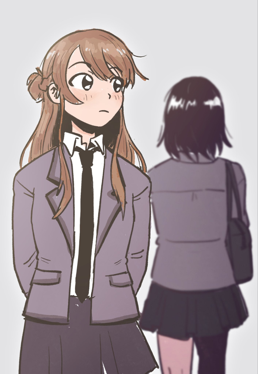 2girls bag black_hair black_necktie black_skirt braid brown_hair closed_mouth collared_shirt commentary grey_background grugby half_up_braid highres long_hair medium_hair miyagi_shiori multiple_girls necktie school_bag school_uniform sendai_hazuki shirt shuuniichido_classmate_wo_kau_hanashi simple_background skirt white_shirt