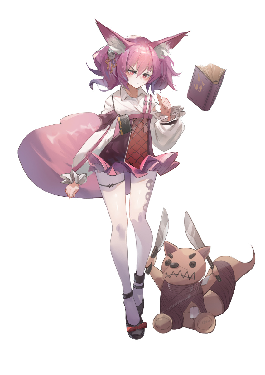 1girl absurdres animal_ear_fluff animal_ears anklet arknights black_footwear book closed_mouth collared_shirt commentary dress fox_ears fox_tail full_body glaring hair_ornament hand_up heart heart-shaped_pupils high-waist_skirt high_heels highres jewelry knife long_sleeves navel pantyhose pink_eyes pink_hair pink_skirt see-through_skirt shamare_(arknights) shirt short_hair simple_background skirt solo strash stuffed_animal stuffed_toy symbol-shaped_pupils tail thigh_strap white_background white_legwear white_shirt
