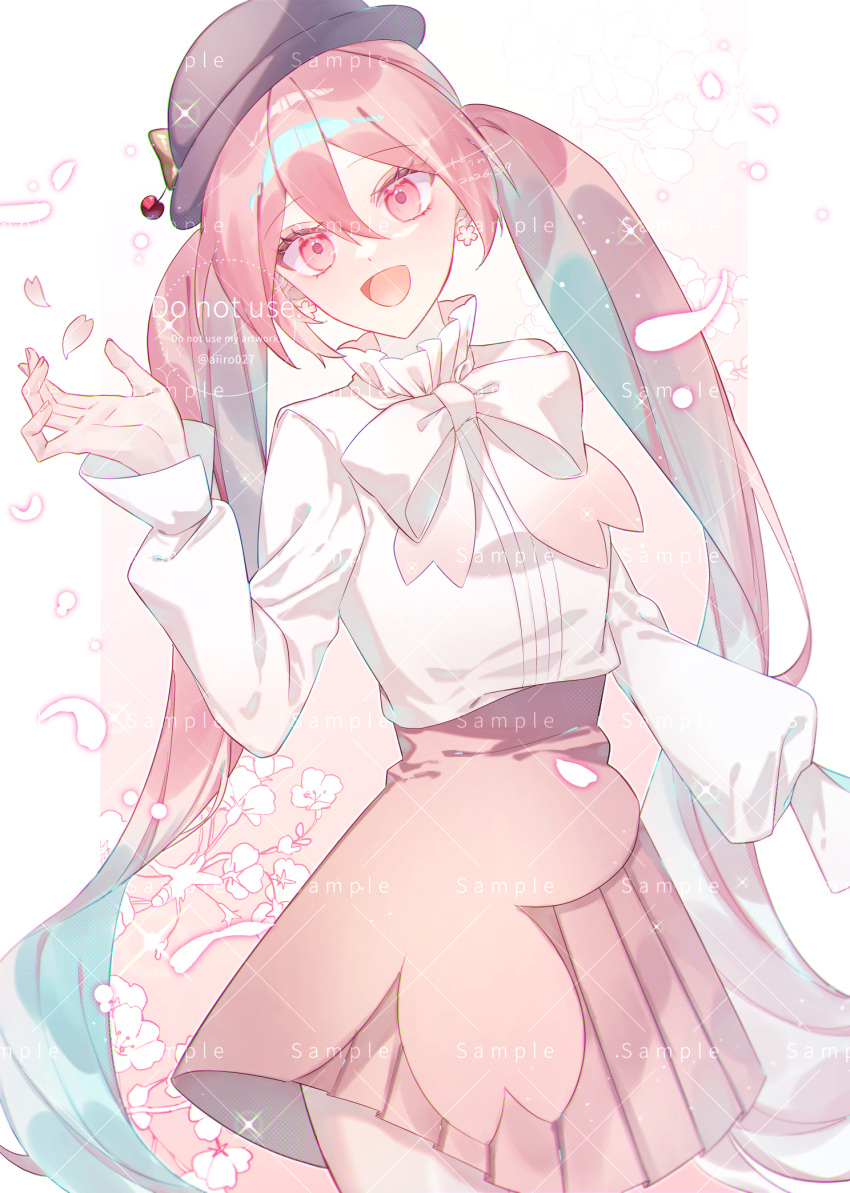 1girl beret blush bow brown_hat commentary_request earrings flower_earrings grey_hat grey_jacket hair_between_eyes hair_ornament hat hatsune_miku highres hino_awai jacket jewelry long_hair long_sleeves official_alternate_costume official_alternate_hairstyle open_mouth pink_eyes pink_hair pink_skirt pleated_skirt sakura_miku sakura_miku_(rella) sample_watermark shirt skirt smile solo twintails very_long_hair vocaloid watermark white_bow white_shirt
